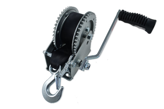 Trailer Winch; 2000LB 20' Strap w/ Hook Dual Gear